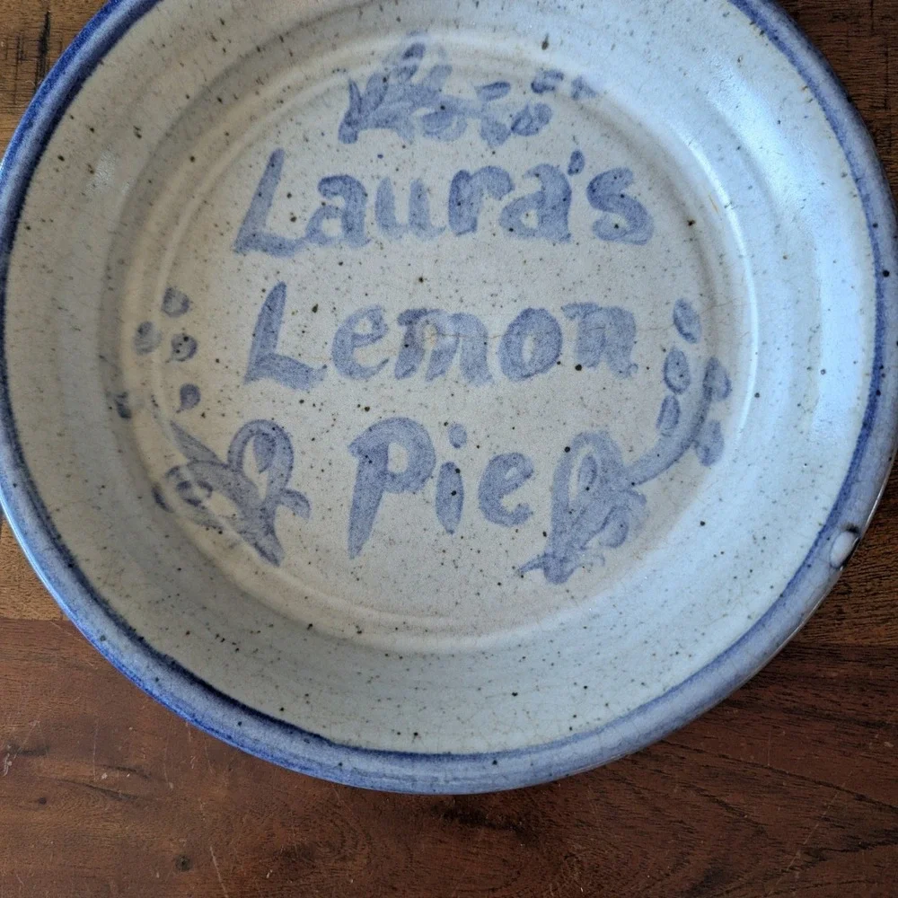 Vtg‎ Delaware Pottery Pie Dish Blue Gray Lauras Lemon Pie Stoneware 9 In Hope NJ